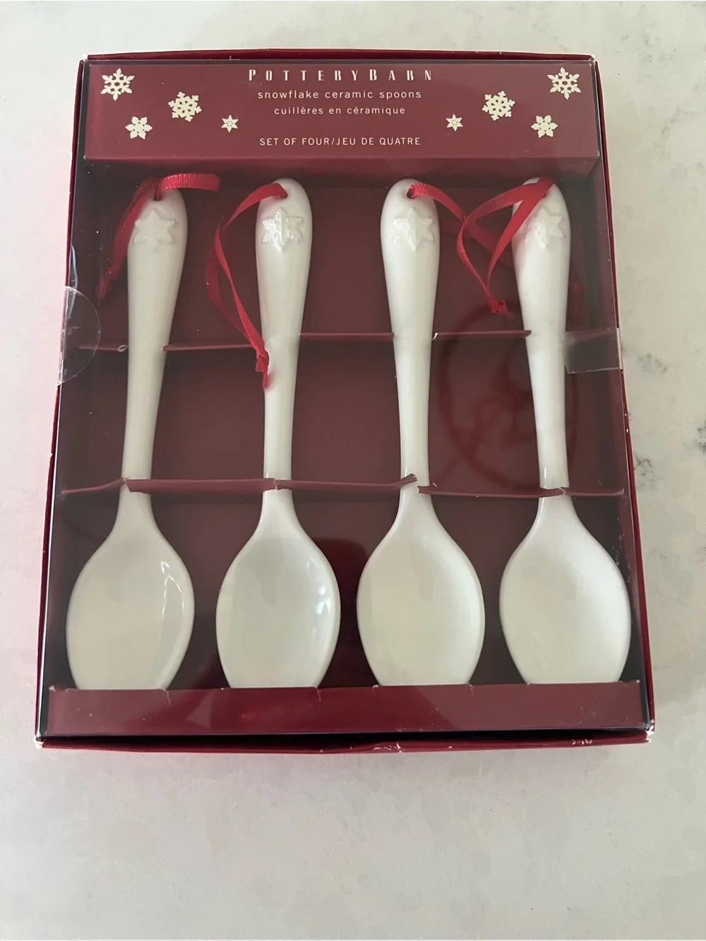 NWT Pottery Barn White Snowflake Ceramic Spoon Set 4 Pack
